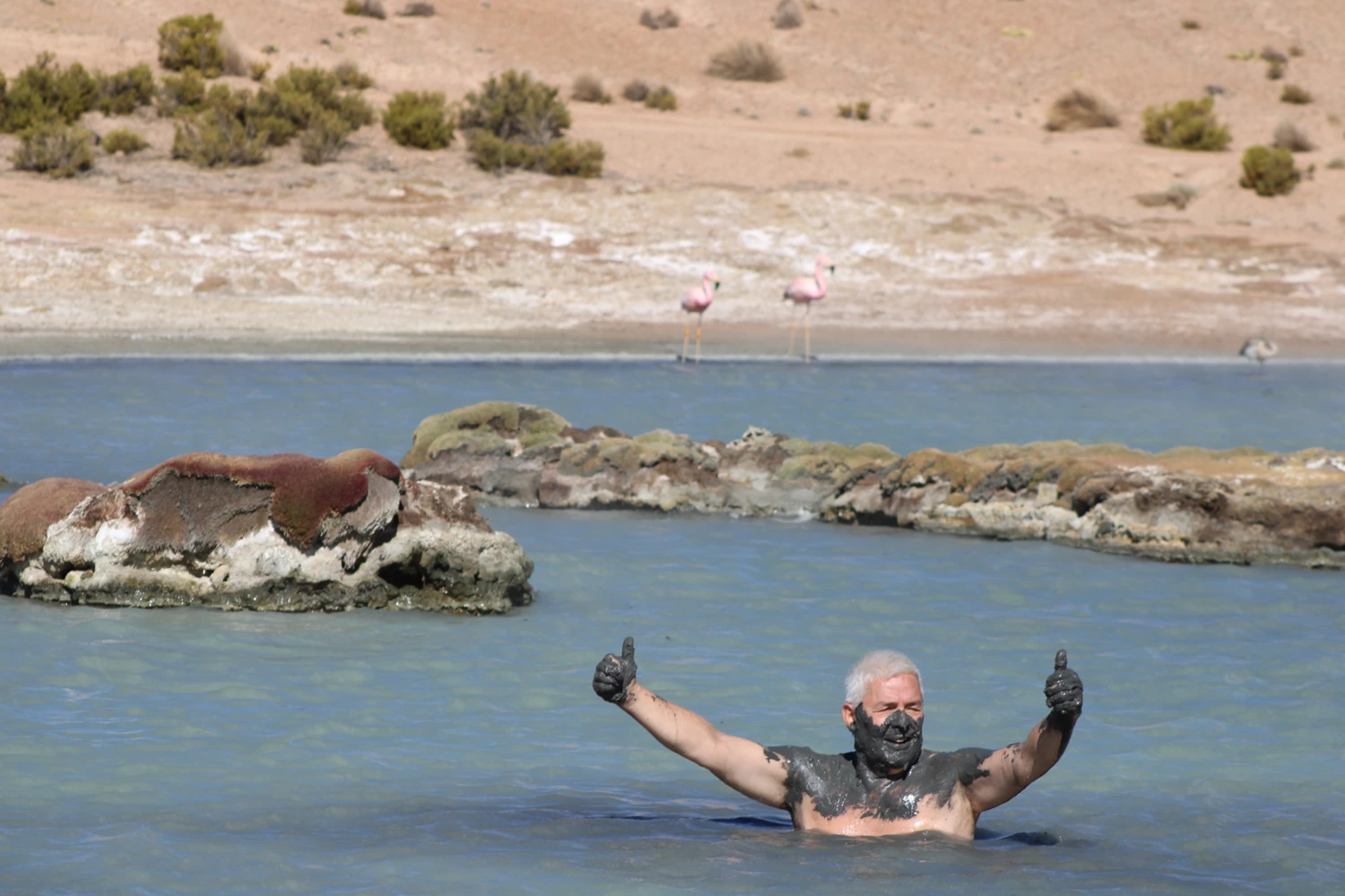Viajero disfrutando una laguna termal, con flamencos al fondo